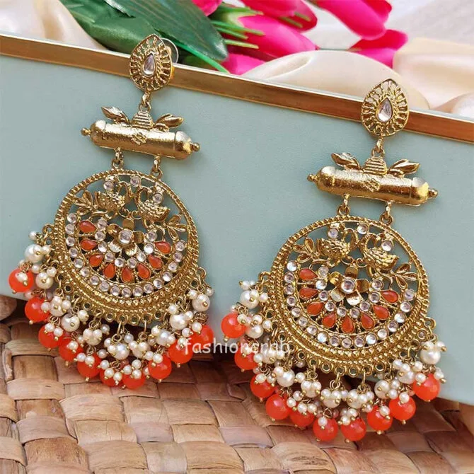 Orange Pearl Long Chandbali Earring for Party