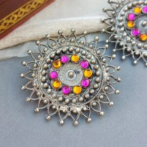 Pink Orange Stud Oxidised Earrings