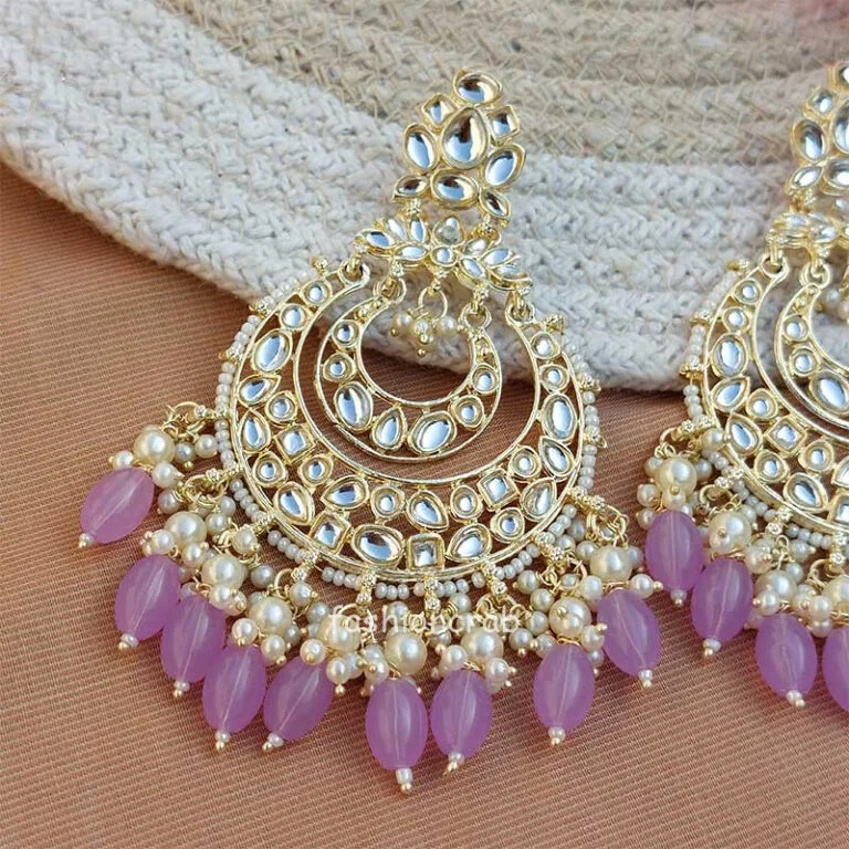 Purple Color Kundan Pearl Studded Chandbali Earrings