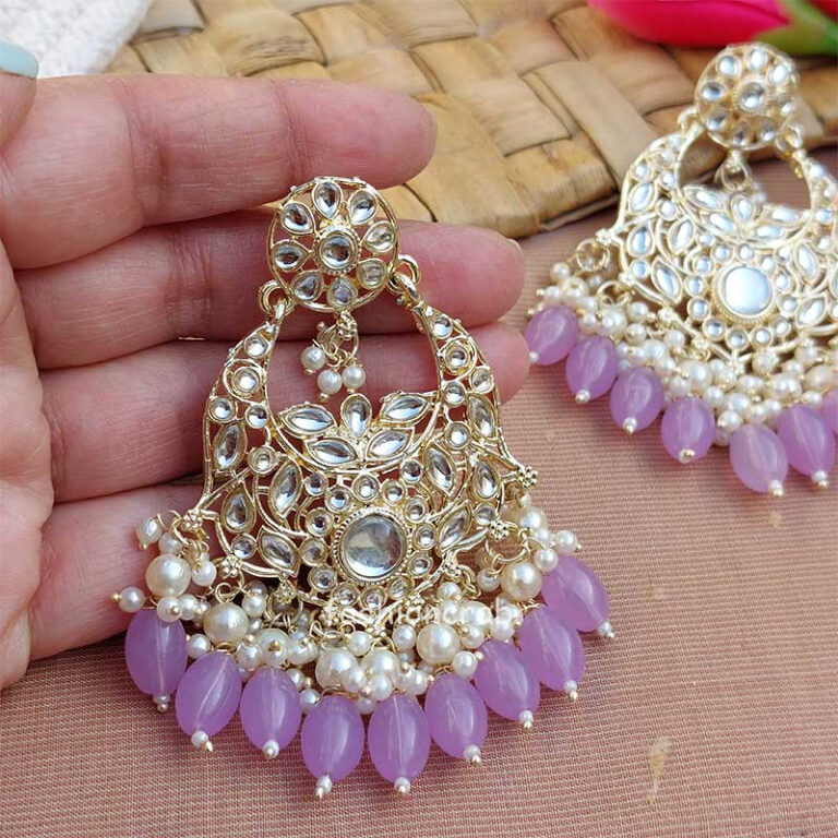 Purple Color Kundan Statement Pearl Ethnic Earrings