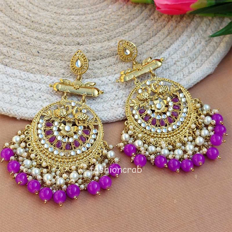 Purple Pearl Long Chandbali Earring for Party | FashionCrab.com