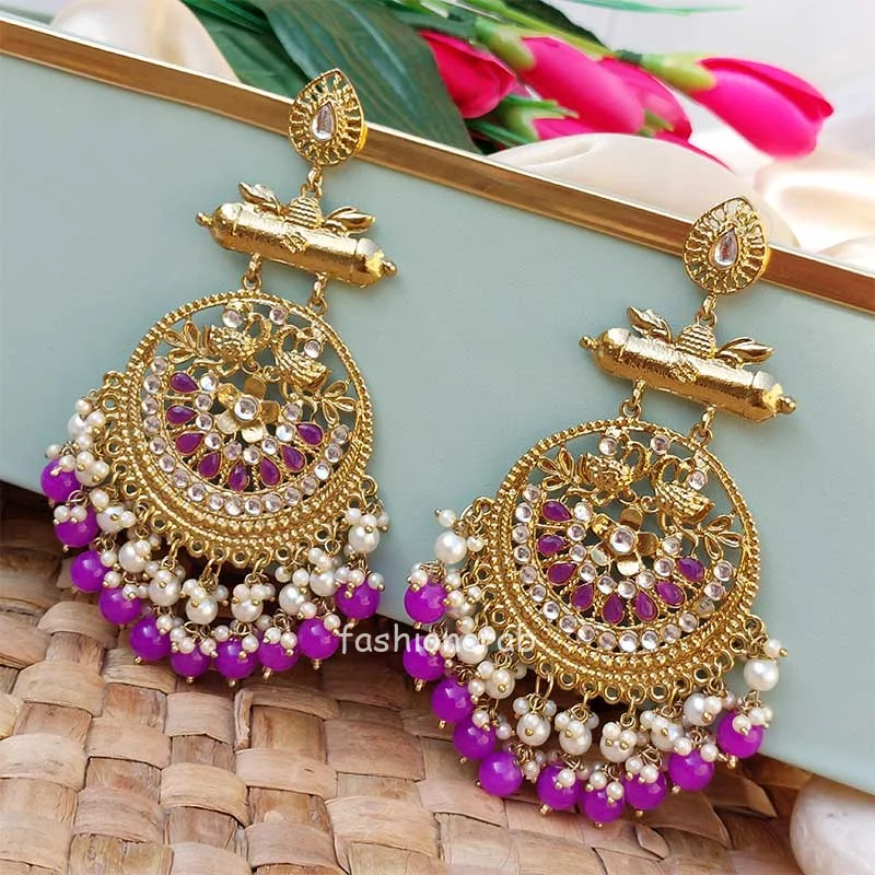 Purple Pearl Long Chandbali Earring for Party