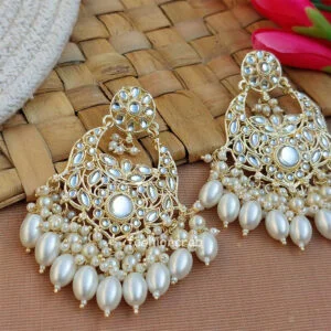 White Color Kundan Statement Pearl Ethnic Earrings