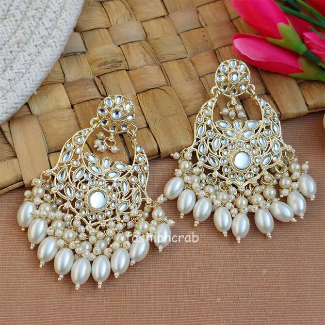 White Color Kundan Statement Pearl Ethnic Earrings White Color Kundan Statement Pearl Ethnic Earrings