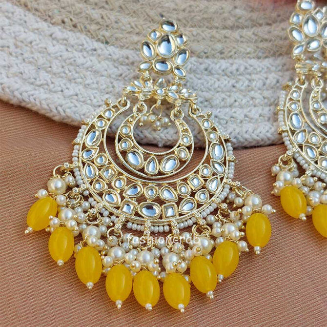 Yellow Color Kundan Pearl Studded Chandbali Earrings