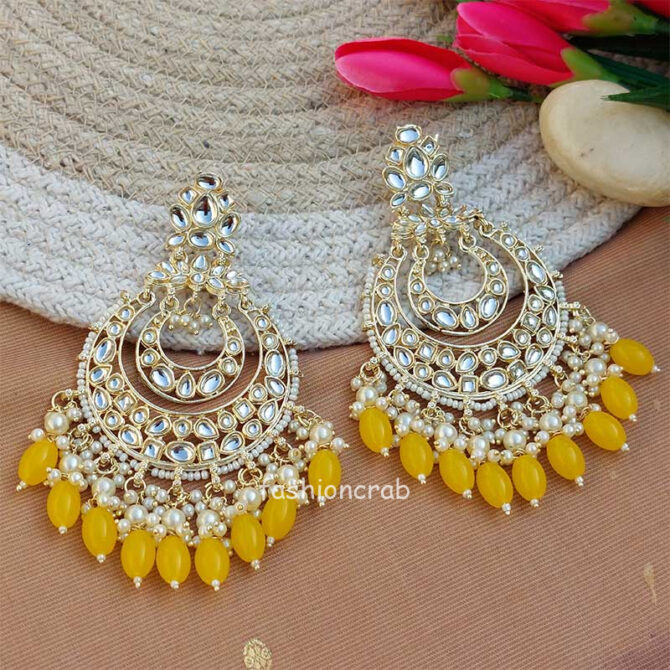 Yellow Color Kundan Pearl Studded Chandbali Earrings Yellow Color Kundan Pearl Studded Chandbali Earrings
