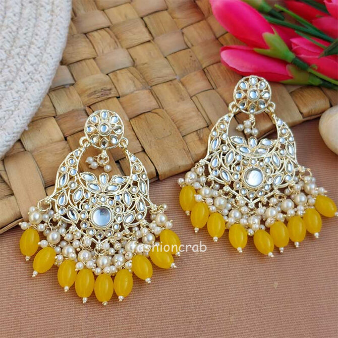 Yellow Color Kundan Statement Pearl Ethnic Earrings Yellow Color Kundan Statement Pearl Ethnic Earrings
