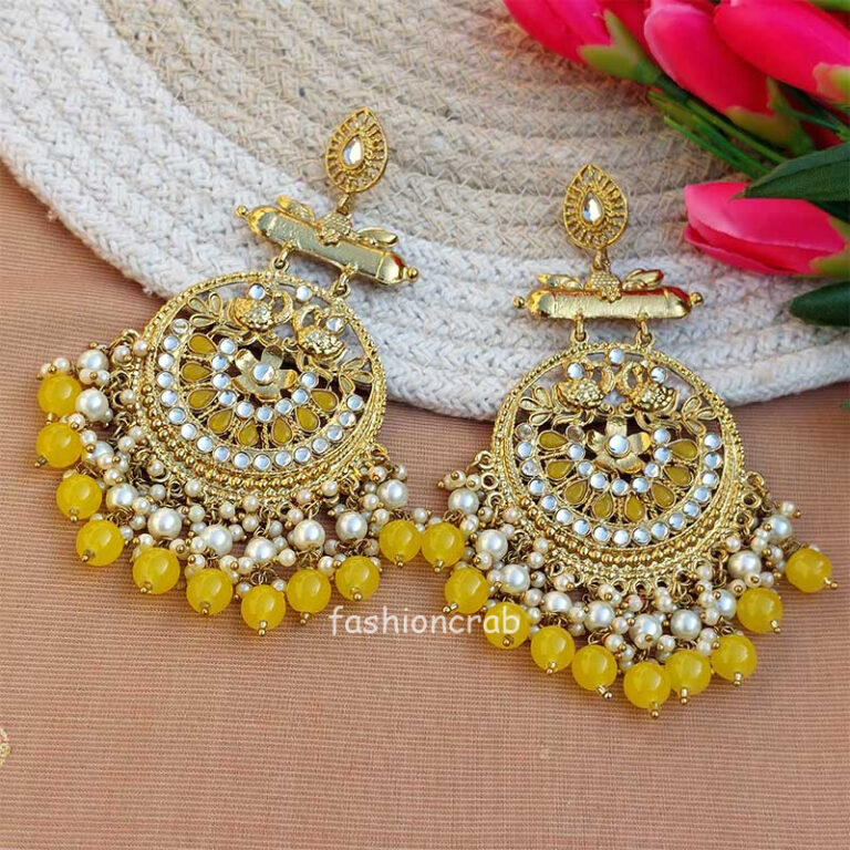 Yellow Pearl Long Chandbali Earring for Party