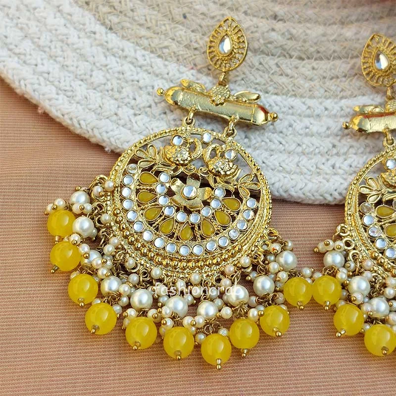 Yellow Pearl Long Chandbali Earring for Party