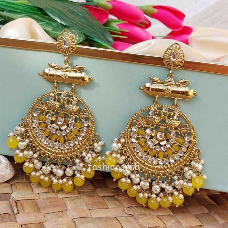 Yellow Pearl Long Chandbali Earring for Party
