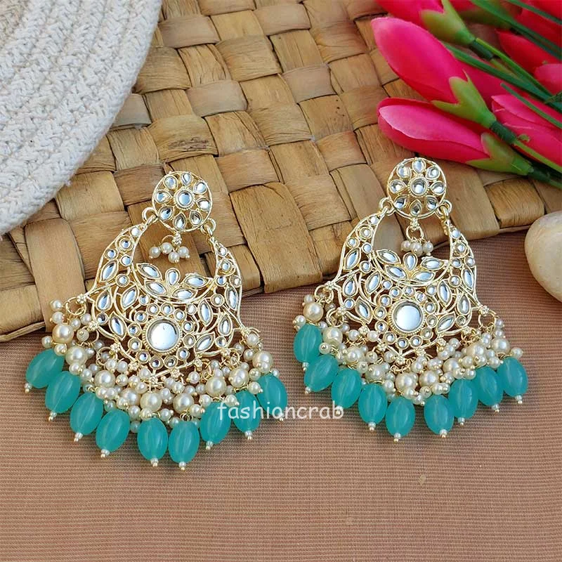 Blue Color Kundan Statement Pearl Ethnic Earrings