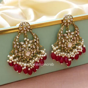 Dark Pink Color Kundan Statement Pearl Ethnic Earrings