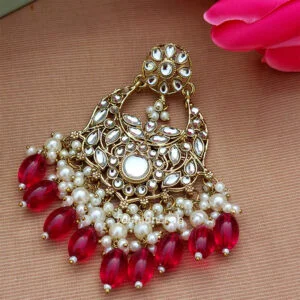 Dark Pink Color Kundan Statement Pearl Ethnic Earrings