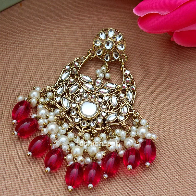 Dark Pink Color Kundan Statement Pearl Ethnic Earrings