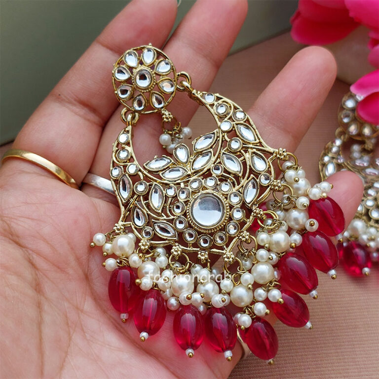 Dark Pink Color Kundan Statement Pearl Ethnic Earrings