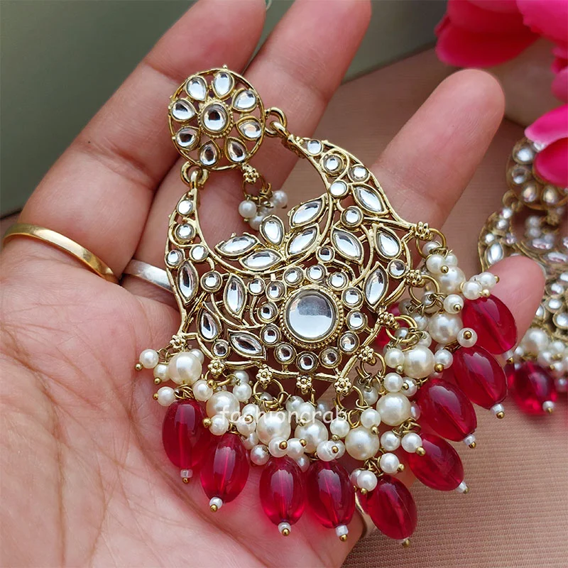 Dark Pink Color Kundan Statement Pearl Ethnic Earrings