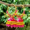 Dark Pink Meenakari Jhumka with Golden Bali Earrings