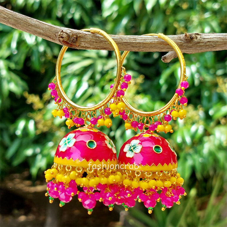 Dark Pink Meenakari Jhumka with Golden Bali Earrings