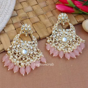 Ethnic Earrings White Color Earrings Light Pink Color Kundan
