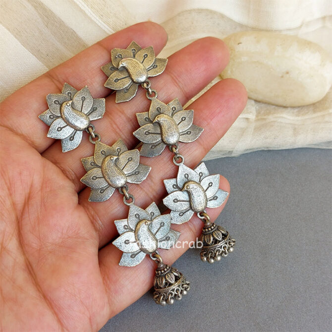 Long Oxidised Silver Toned Jhumka Earring-01 Long Oxidised Silver Toned Jhumka Earring