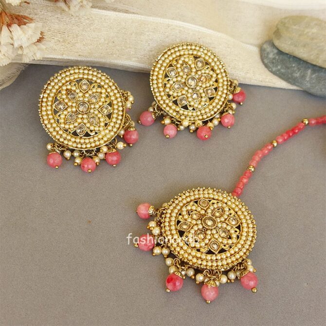 Pink - Maang Tikka Set with Earring Pink - Maang Tikka Set with Earring