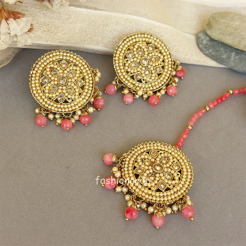 Pink - Maang Tikka Set with Earring