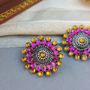 Pink Orange Oxidised Stud Earrings for Saree