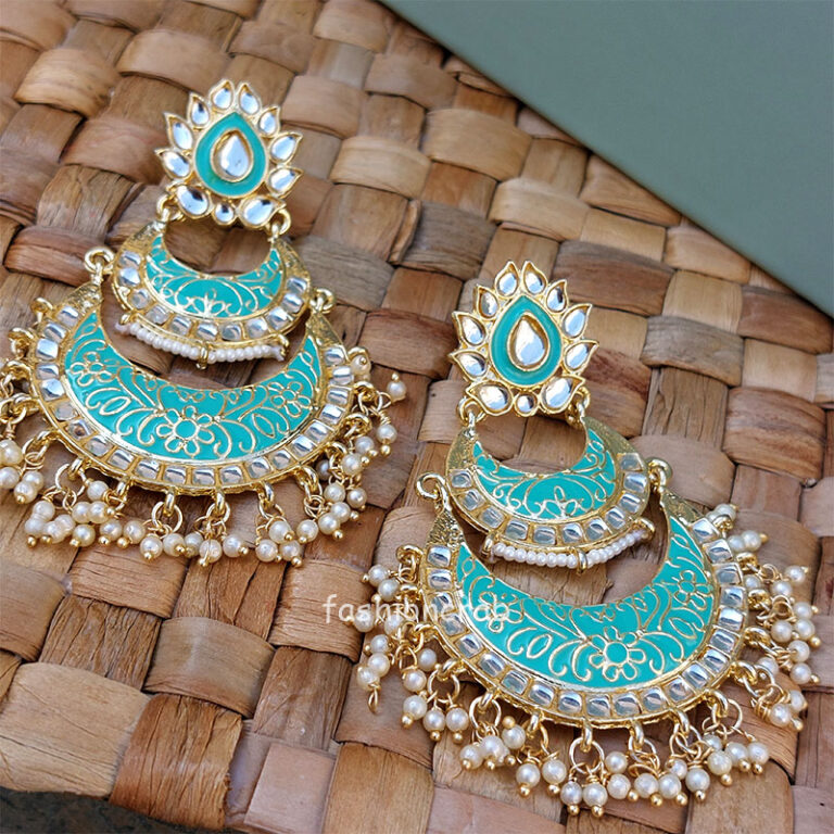 Sea Green Enamel Kundan Chandbali Earrings for Wedding