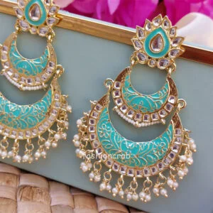 Sea Green Enamel Kundan Chandbali Earrings for Wedding