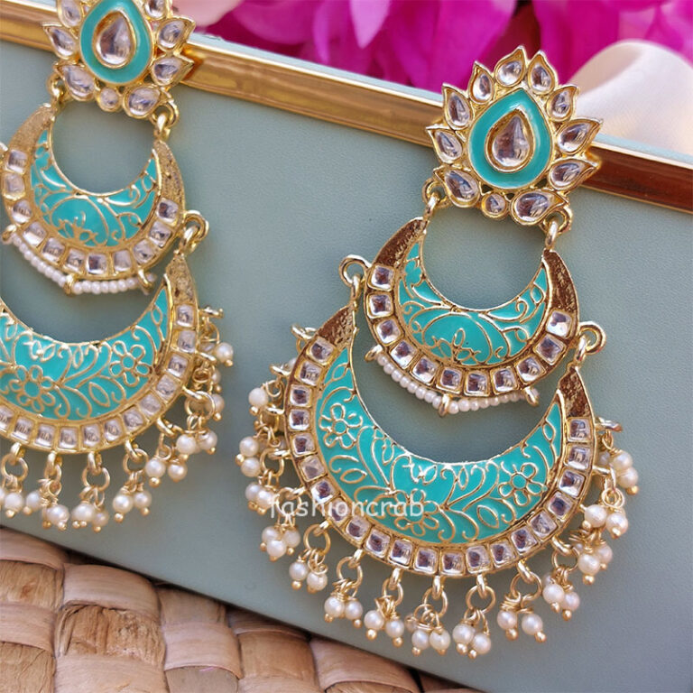 Sea Green Enamel Kundan Chandbali Earrings for Wedding