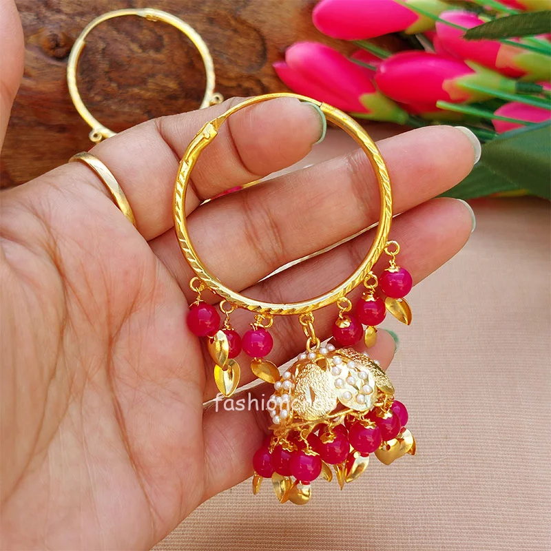 Dark Pink Bali Jhumka with Maangtikka