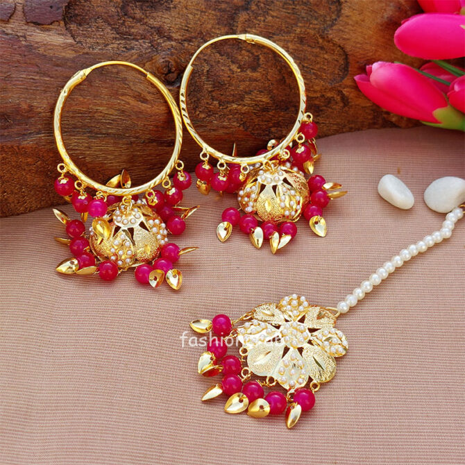 Dark Pink Bali Jhumka with Maangtikka Dark Pink Bali Jhumka with Maangtikka