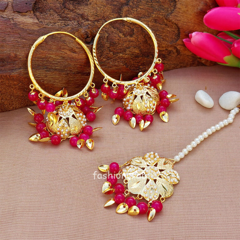 Dark Pink Bali Jhumka with Maangtikka