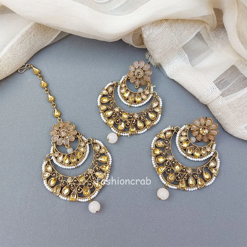 Buy Crunchy Fashion Gold-Plated Grey Kundan & Pearl Earrings Tika online