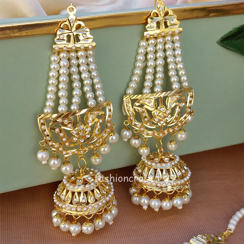 Elegant Punjabi Pearl Drop Jhumka Earring with Tikka