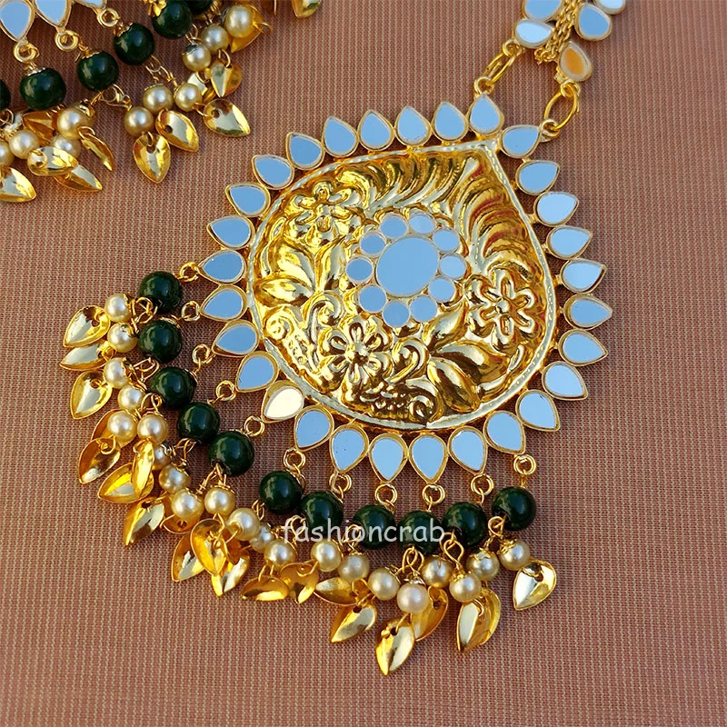 Ethnic Pipal Patti Mirror Maangtikka with Earring Set - Dark Green