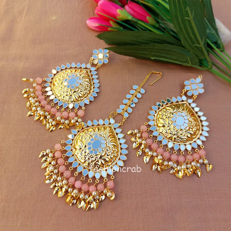 Ethnic Pipal Patti Mirror Maangtikka with Earring Set - Light Pink