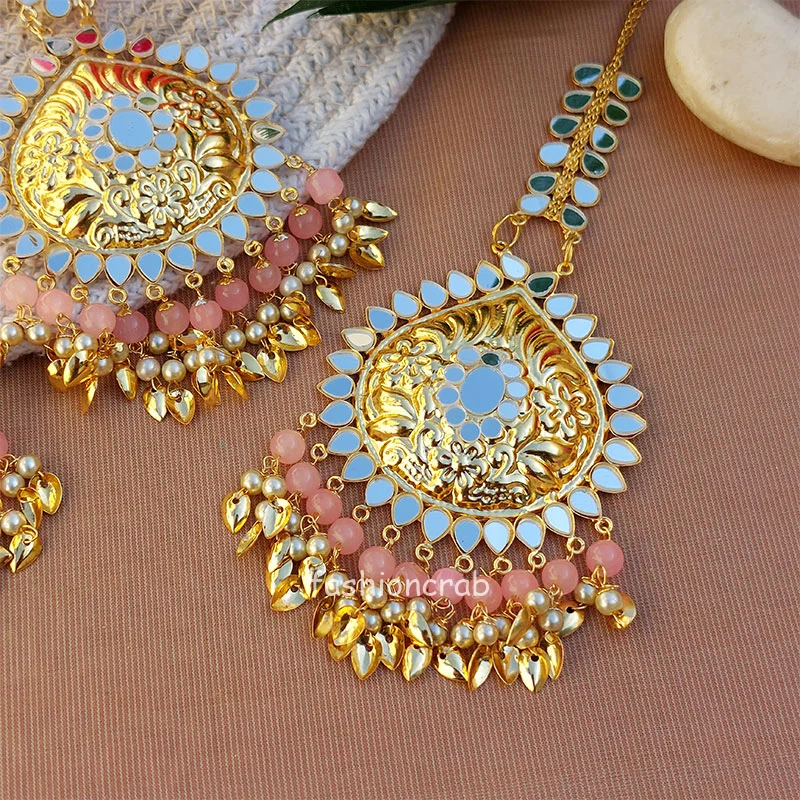 Ethnic Pipal Patti Mirror Maangtikka with Earring Set - Light Pink