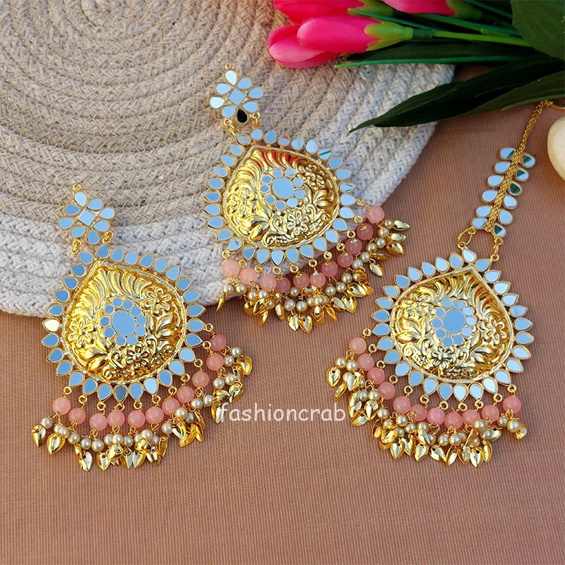 Ethnic Pipal Patti Mirror Maangtikka with Earring Set - Light Pink