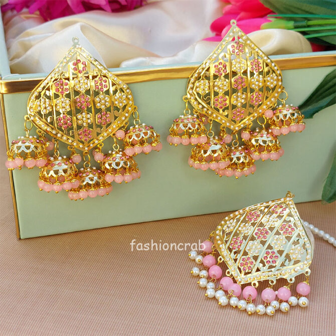 Jadau Small Jhumka Earring Set - Light Pink Jadau Small Jhumka Earring Set - Light Pink
