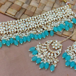 Light Blue Pearl Kundan Set for Saree