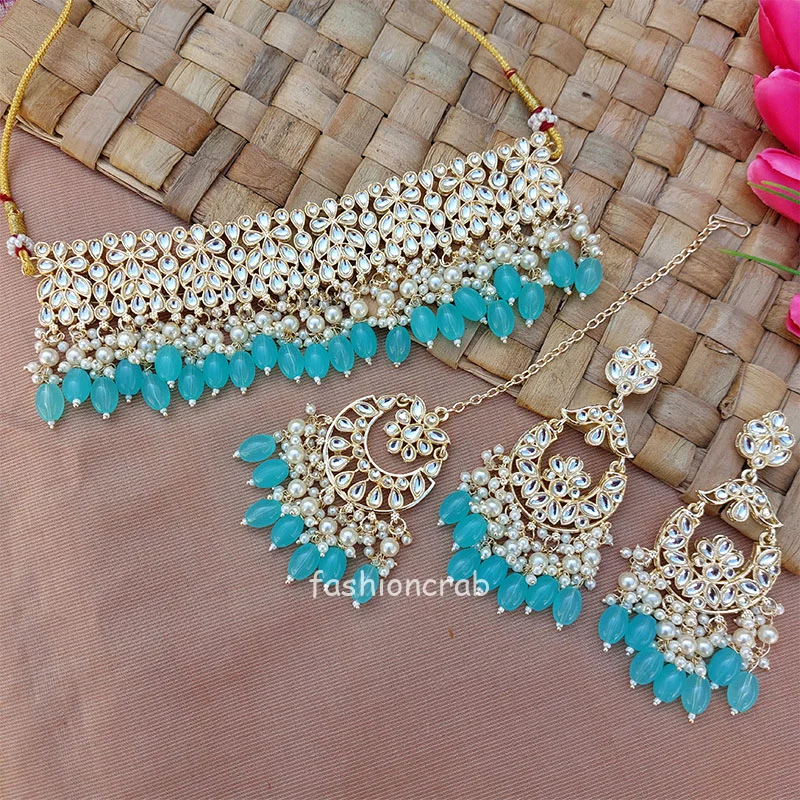 Light Blue Pearl Kundan Set for Saree