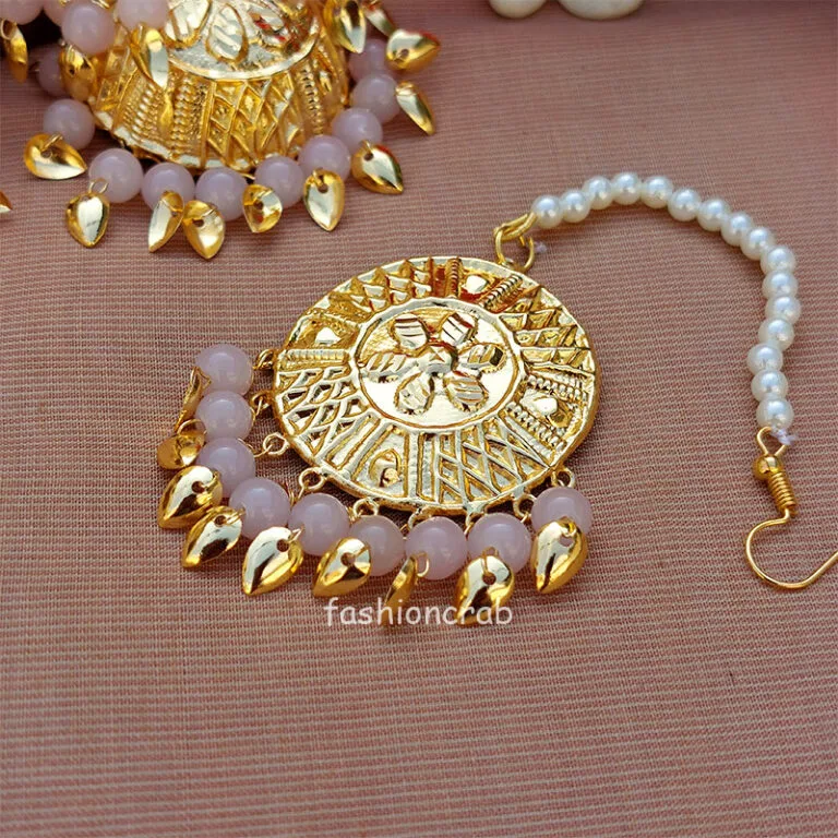 Light Pink Pipal Patti Jhumka Bali with Tikka