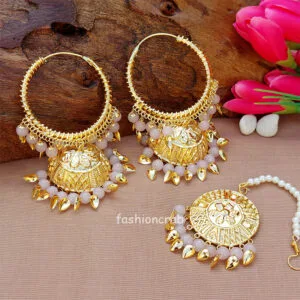 Light Pink Pipal Patti Jhumka Bali with Tikka