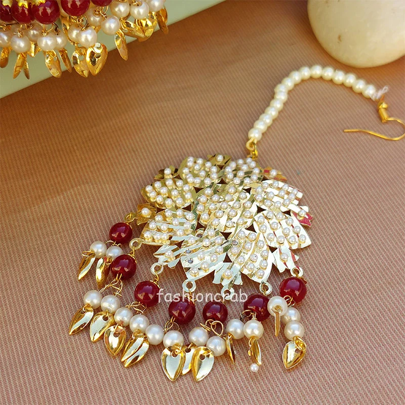 Maroon Pearl Jadau Tikka Earring for Wedding