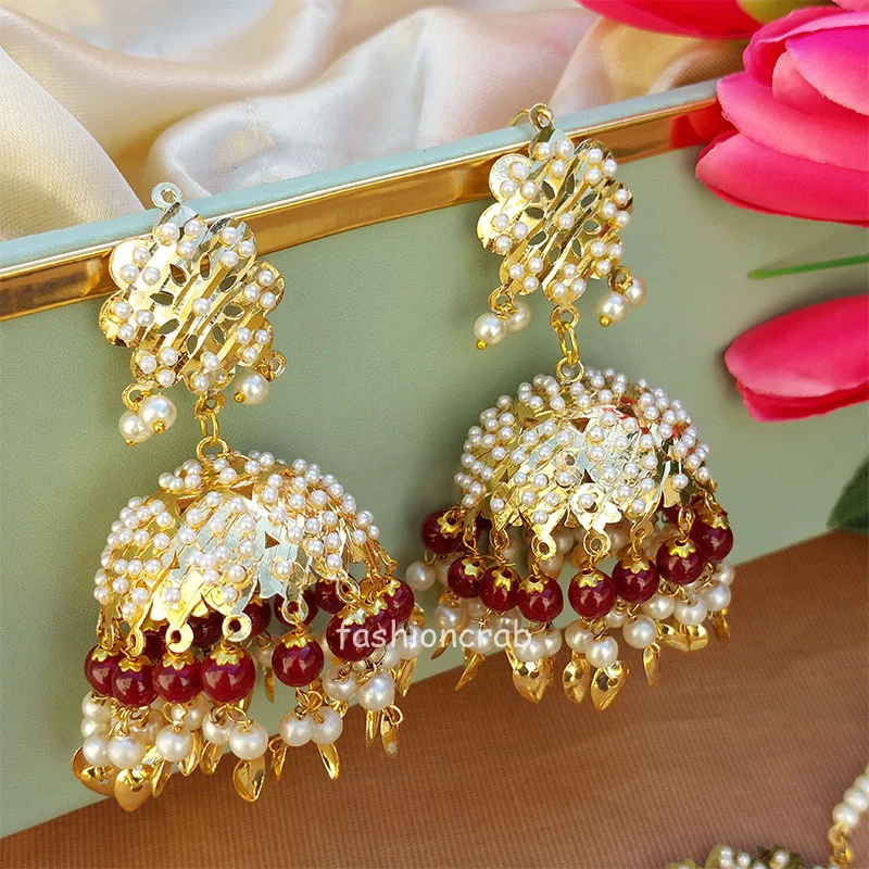 Maroon Pearl Jadau Tikka Earring for Wedding