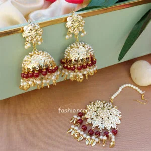 Maroon Pearl Jadau Tikka Earring for Wedding