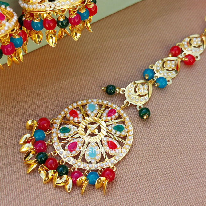 Multicolor Pearl Pipal Patti Jadau Earring with Tikka Set