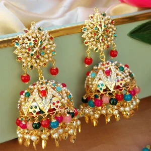 Multicolor Pearl Punjabi Tikka Set with Jhumka