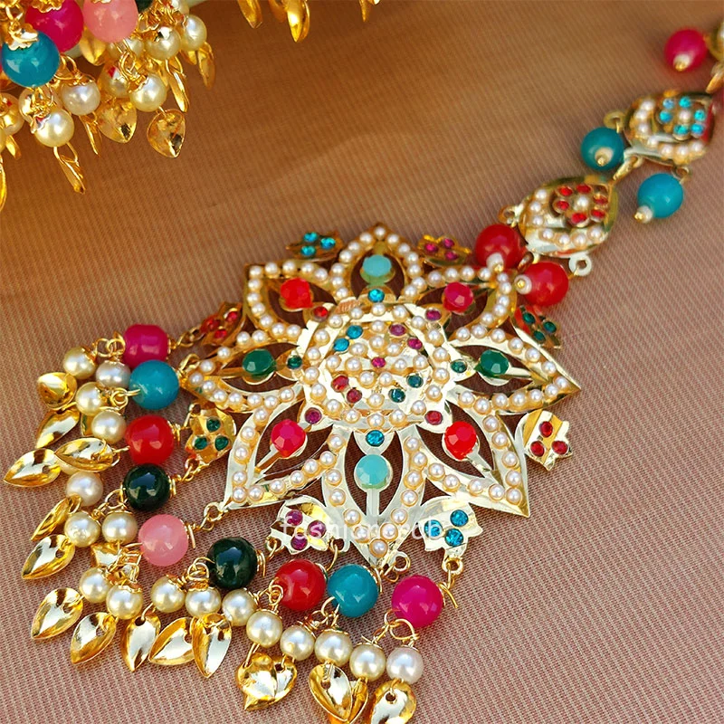 Multicolor Pearl Punjabi Tikka Set with Jhumka
